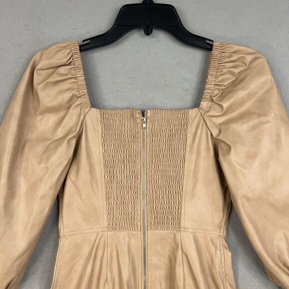 7 For All Mankind Dress Womens XS Tan Faux Leather Square Neck Puff Sleeve Mini - Picture 9 of 14